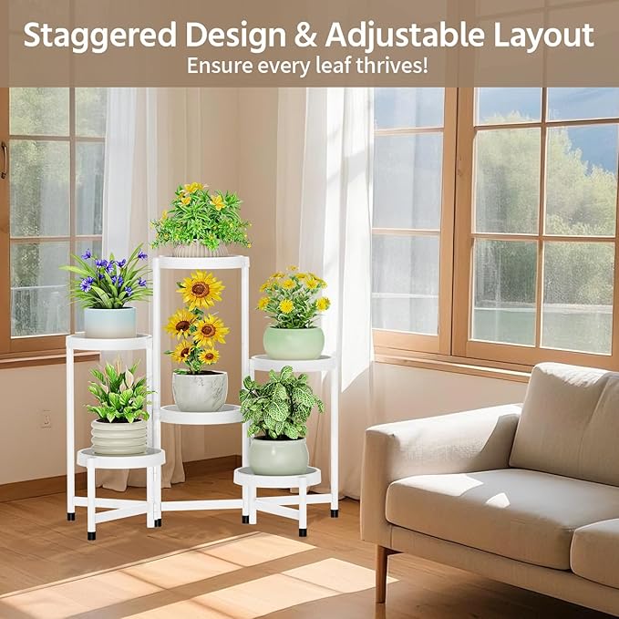 LASZOLA 6 Tiered Plant Stand Indoor Outdoor with Plastic Tray, Corner Folding Tall Flower Display Rack, Modern Plant Holder Shelf for Outdoor Patio Porch Garden Office Living Room, White
