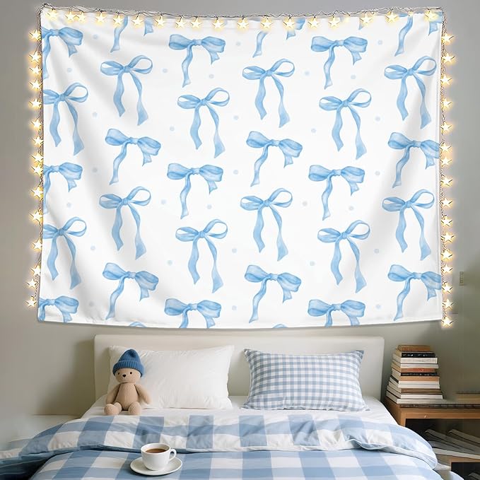 LIANGW Light Blue Coquette Trendy Preppy Wall Tapestry – Blue Bow Aesthetic Hanging Tapestry for Girls Bedroom or Dorm Room Decor,Based Blue Room Decor Aesthetic 50x60 Inch