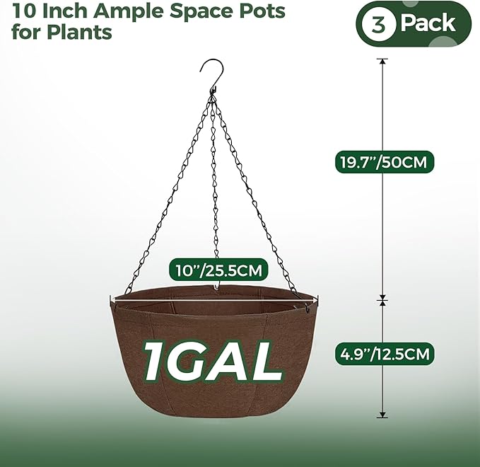T4U Hanging Planters for Outdoor Plants, 3 Pack 10 Inch Hanging Baskets for Plants Outdoor with Rustproof Chain, Fabric Hanging Pots for Plants, Hanging Planter for Balcony Porch Deco, Brown
