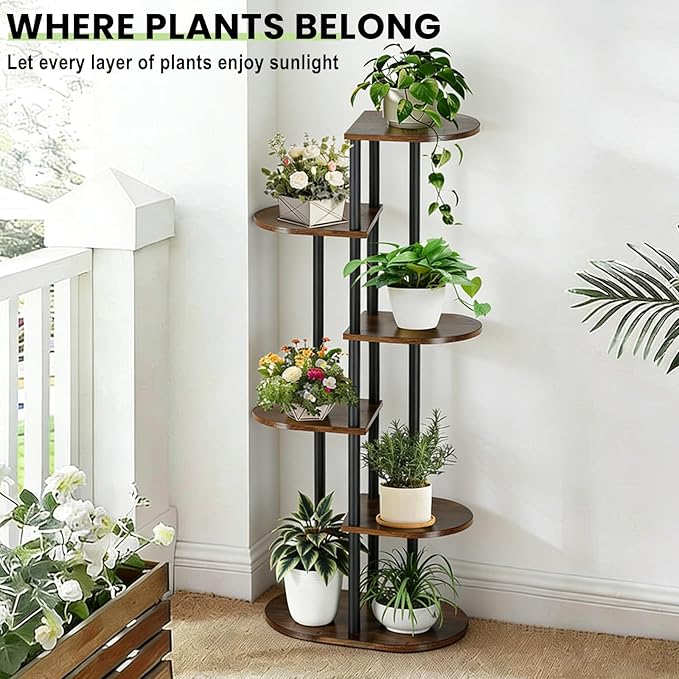 Tiered Plant Stand Indoor, Tall 6 Tier 7 Potted Wooden Plant Shelf for Multiple Flower Plants, Multi Corner Metal Plant Holder Indoor for Patio Garden Patent Design Living Room Balcony Bedroom, Rustic Brown