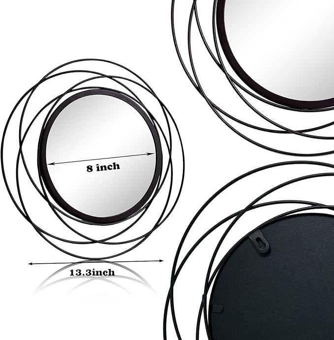 Cityelf 3 Set 13 Inch Black Circle Mirrors Wall Decor Iron Frame Wire Mirror Metal Circular Mirror Home Decor Hanging Mirrors for Room/Bedroom/Bathroom/Entryway