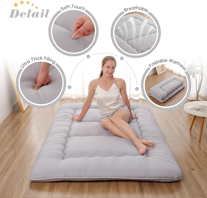 Japanese Floor Mattress, Futon Mattress with Storage Bag and Washable Cover, Roll Up Tatami Mat Suitable for Guest Room, Grey, Full