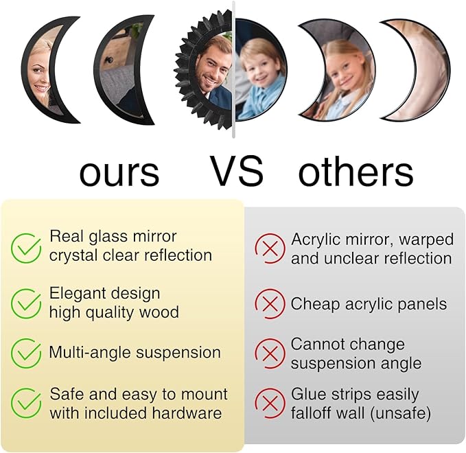 WAKOSAN Wall Mirror, Moon Phase Mirror Set, Wall Decor for Bedroom, Bohemian 5PCS Wooden and Real Glass Mirror with Crystal Clear Reflection, Boho Decor, Multi-Angle Installation (Black)