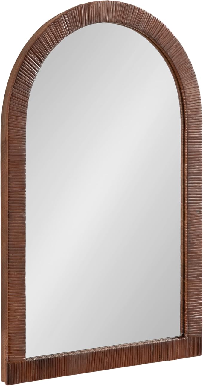 Kate and Laurel Rahfy Boho Arched Rattan Mirror; 20 x 30; Brown; Decorative Arch Wall Mirror with Authentic Rattan Frame for Vanity Bathroom Mirror