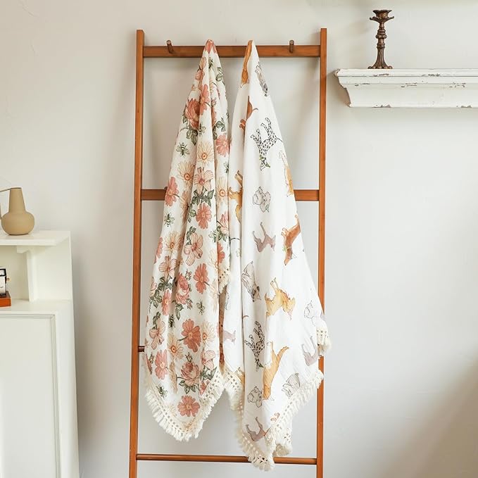 insular Cotton Muslin Baby Blanket with Tassel, Boho Bohemian Muslin Swaddle Blanket Baby Receiving Blanket with Fringe, Nursery Decor Throw or Nursing Blankets, 47" x40”, Floral&Bee