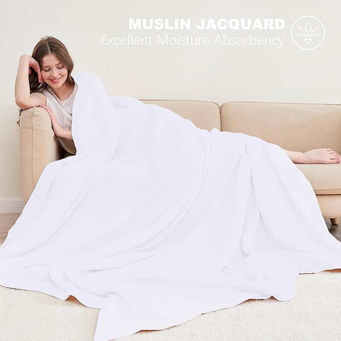 Cosy Family 4 Layer Muslin Bed Blanket - Breathable and Lightweight Gauze Boho Blanket for Spring, Soft 100% Cotton Muslin, White, 55x80 Inches