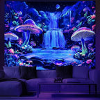 Dermijer Blacklight Tapestry Fantasy Mushroom Forest Tapestry UV Reactive Waterfall Tapestries Moon Night Neon Flower Landscape Wall Hanging for Home Decor L92.5×W70.8