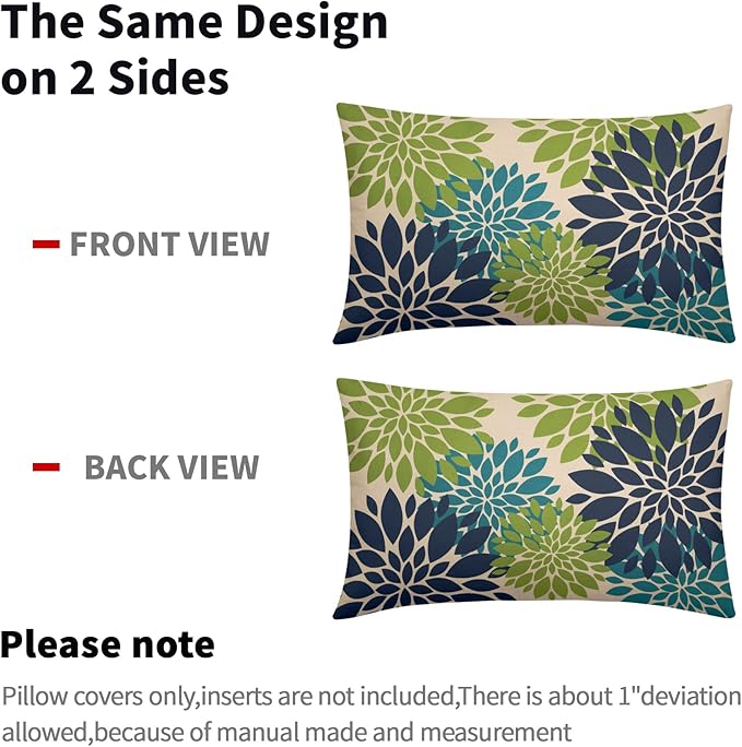 Navy Blue Green Teal Pillow Covers 12X20 Inch Set of 2, Modern Dahlia Floral Print Decorative Rectangle Throw Pillow Covers Outdoor Farmhouse Cushion Case for Home Couch Sofa Bed Decoration