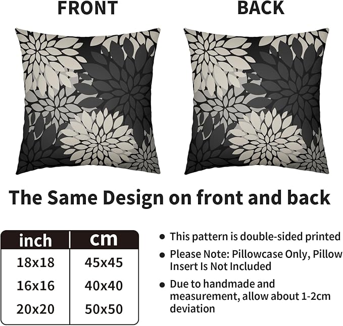 Black Cream Grey Gray Pillow Covers 22X22 Inch Set of 2, Modern Dahlia Floral Print Decorative Throw Pillow Covers Outdoor Farmhouse Cushion Case for Home Couch Sofa Bed Decoration