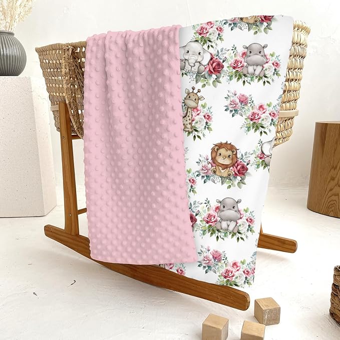 Cute Jungle Safari Animals Roses Leaves Baby Blankets for Girl Boy Lion Giraffe Elephant Zebra Soft Mink Dotted Backing Double Layer Swaddle Blanket Bed Throw for Newborn Infant Toddler Nursery 30x40