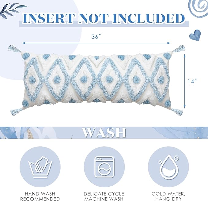 Decorative Lumbar Pillow Cover 14x36 Inch Coastal Blue and White Tufted Boho Throw Pillowcase Long Rectangle Accent Pillow Cover with Tassels for Couch Sofa Bed Farmhouse Body Cushion