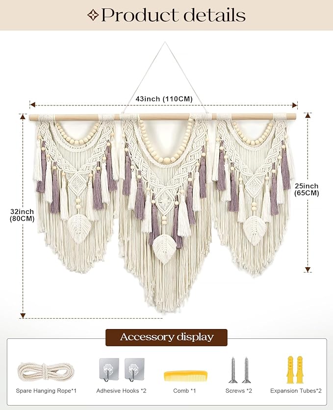Tempospark Large Macrame Wall Hanging, 43" Wx32 L Boho Wall Hangings for Living Room Bedroom Nursery, Boho Chic Large Macrame Tapestry for Bedroom Wall Decor (Leaf Bead)