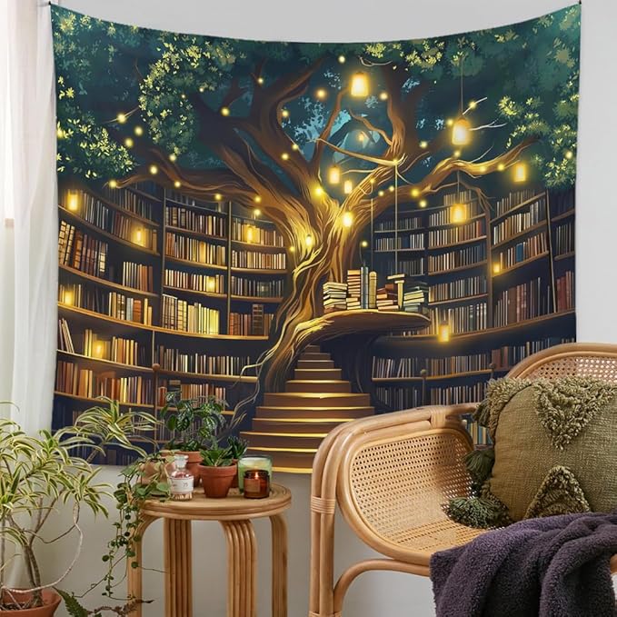 Jhdstore Tree of life Tapestry Wall Hanging Fantasy Library Tapestry for Bedroom Mysterious Tree Bookshelf Tapestries Room Decor 36"x48"