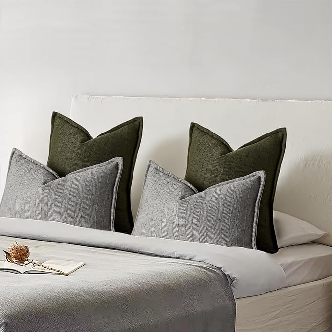 24x24 Linen Pillow Covers Olive Green Pack of 2 Farmhouse Boho Neutral Accents Striped Textured Square Decorative Throw Pillow Cases for Living Room Couch Bed Home Decor