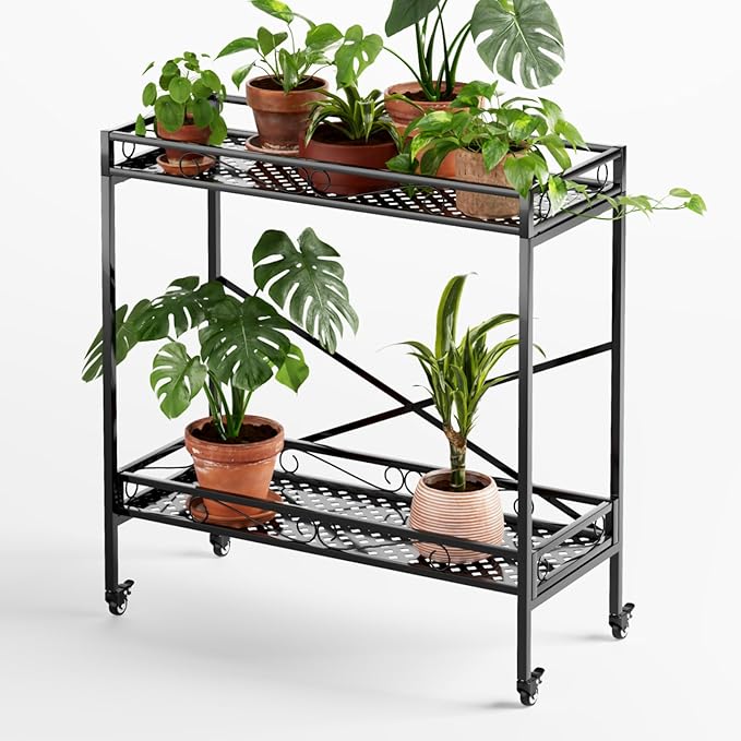 Zhongma 2 Tier Window Height Sturdy Metal Plant Stand with Wheels, 36.6x16x39.4 Inch High, Heavy Duty Succulent Shelf for Home Indoor and Outdoor, 440 LBS Capacity & Heavy Duty Construction