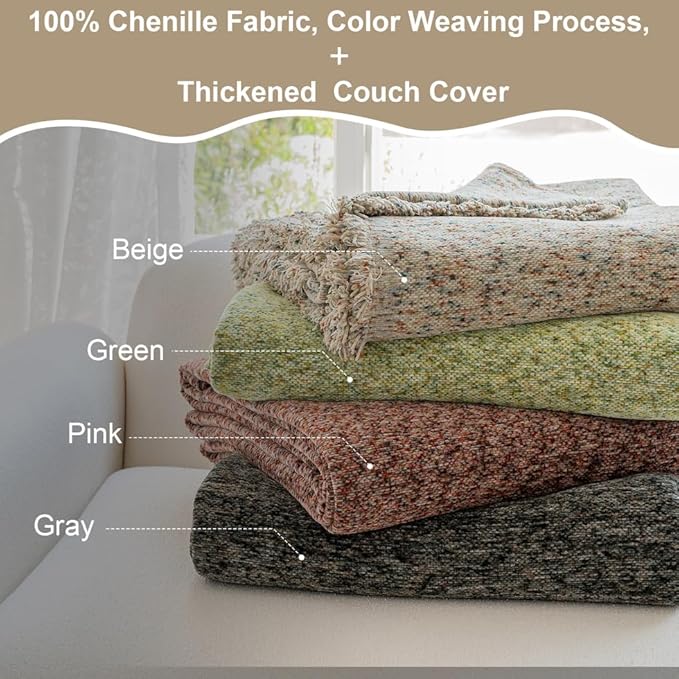 ROOMLIFE Boho Beige Couch Cover for Dogs, Washable Non Slip Furniture Protector Couch Sofa Covers for 3 Cushion Couch, Soft Chenille Couch Cover Throw Blanket with Tassels 71''X118''