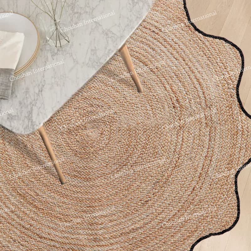 4x4, 5x5, 6x6,feet Natural Jute Scallop Round Rug, Floor Scalloped Edge Rug Braided Boho Eco Large Circular Handmade Area Rugs (D2) - color: Black, size: 5' (Round)