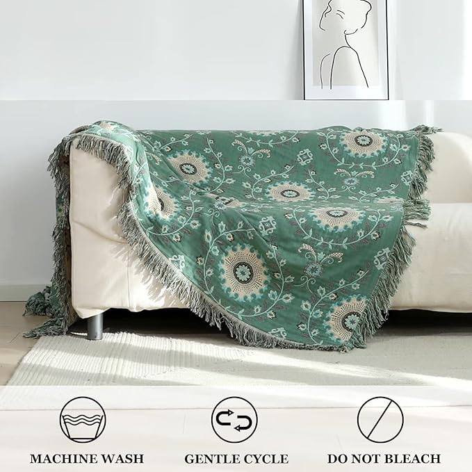 Boho Throw Blanket for Bed 100% Cotton Ultra Soft Rustic Quilt Spring Blanket Floral Printed Farmhouse Decor Bed Blankets,90"x98" All Season Rustic Throw for Sofa Couch Chair