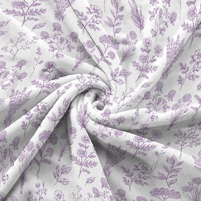 Floral Fuzzy Blanket Purple Floral Throw Blanket, Botanical Flowers Blankets, Soft, Flannel, Warm, Boho Flowers Bed Blankets All Season for Couch Bedroom Living Room 60X90 Inch