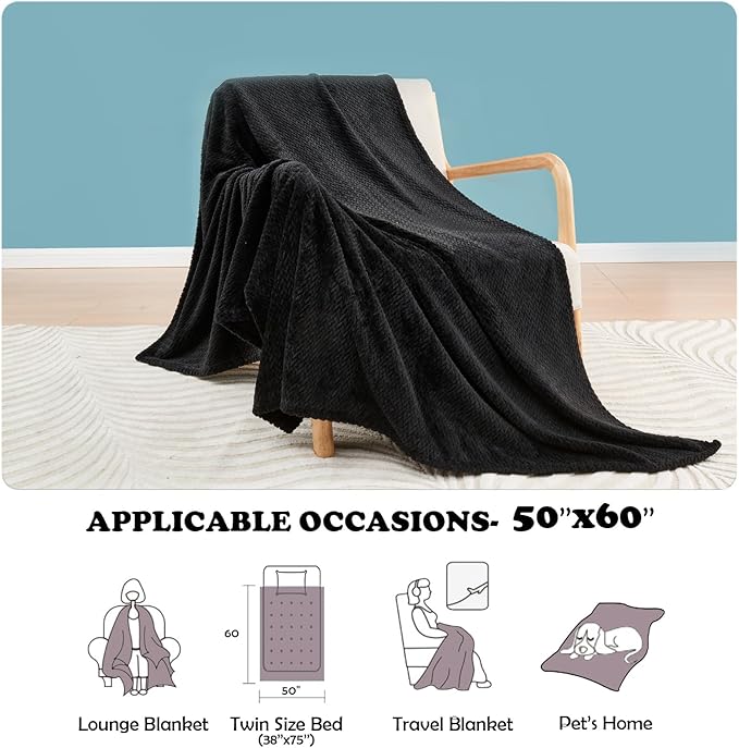 NEWCOSPLAY Super Soft Throw Blanket Black Premium Silky Flannel Fleece Leaves Pattern Lightweight Bed Blanket All Season Use (Black, Throw(50"x60"))