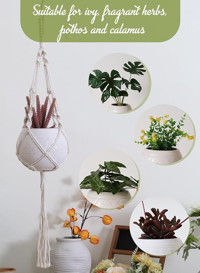 TAMAYKIM 6 Inch White Hanging Planter with Durable Rope - Drum Shape Flower Pot for Indoor Outdoor Plants, Balcony Garden Decor (Plants Not Included)