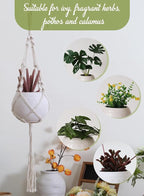 TAMAYKIM 6 Inch White Hanging Planter with Durable Rope - Drum Shape Flower Pot for Indoor Outdoor Plants, Balcony Garden Decor (Plants Not Included)