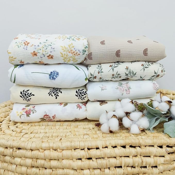 insular Cotton Muslin Baby Blanket with Tassel, Boho Bohemian Muslin Swaddle Blanket Baby Receiving Blanket with Fringe, Nursery Decor Throw or Nursing Blankets, 47" x40”, Floral