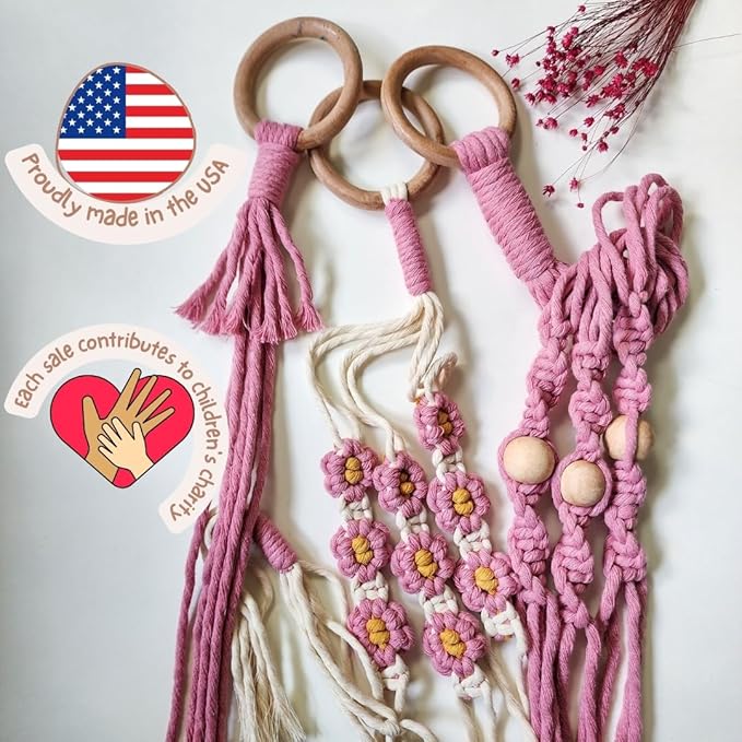 Set of 3 Macrame plant hangers with Daisies & Beads Hanging plant holder Macrame Plant hangers outdoor and indoor hanging planters Plant stand indoor Boho Decor hanging planter stand (Champagne Pink)