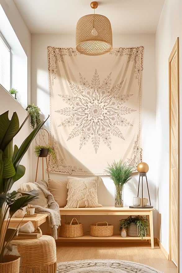 Damanse Floral Tapestry Wall Hanging Cute,Boho Wall Tapestry for Bedroom Aesthetic,Mandala Living Room Decor for Teen Girls (Flaxen, 49.20" x 59.10")