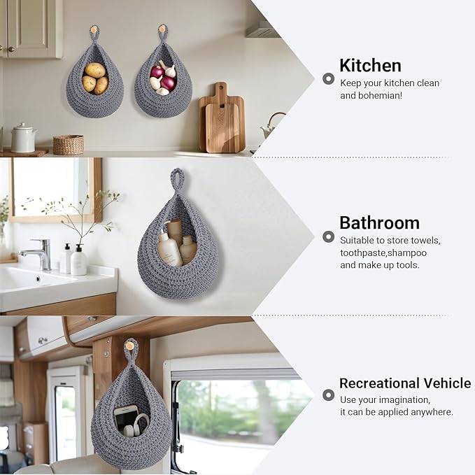 Hanging Fruit Baskets for Kitchen, 3 Pack Boho Cotton Rope Handwoven Vegetable Storage Wall Mounted Large Organizing Basket for Farmhouse Decor, Onion, Potato, Garlic and Plants