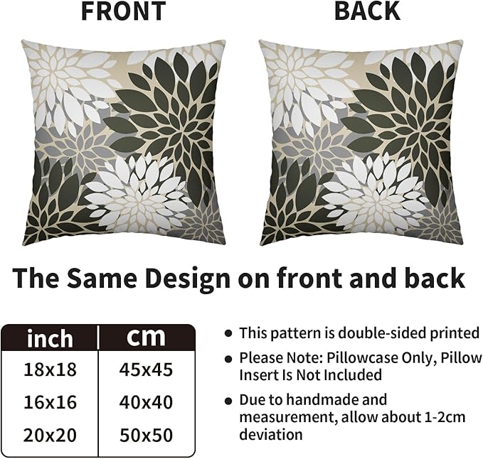 Olive Green White Grey Gray Pillow Covers 18X18 Inch Set of 2, Spring Modern Geometry Dahlia Floral Print Decorative Throw Pillow Covers Outdoor Farmhouse Cushion Case for Couch Sofa Bed Decor