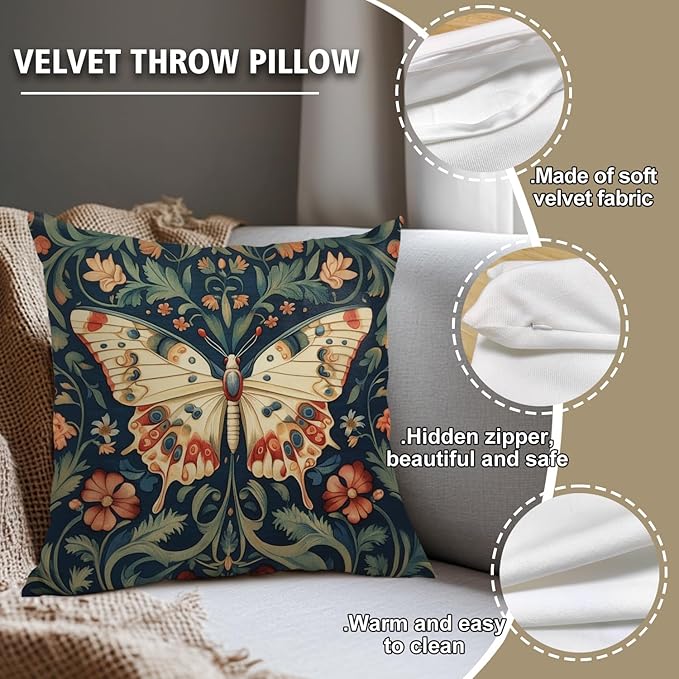 William Morris Abstract Vintage Floral Velvet Butterfly Design Throw Pillow Covers Home Decor, Retro Art Decor Pillowcase Cushion Cover for Bed Sofa Living Room, Square 18x18inch (Beige-Butterfly)