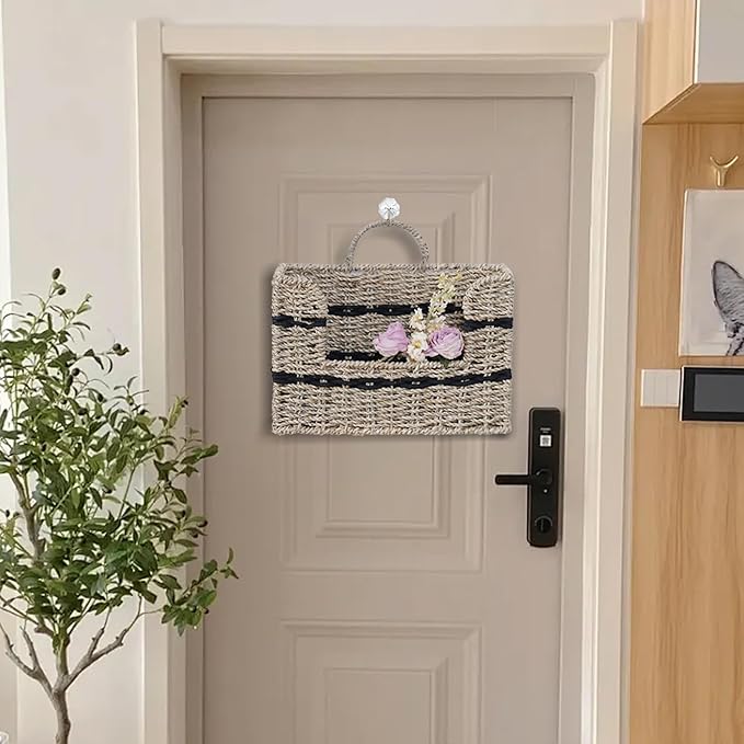 Handmade Seagrass Woven Hanging Basket with Black Cotton Rope - 11.81 x 4.33 x 7.87 Inches - Ideal for Wall Decor & Storage (Rectangular opening)