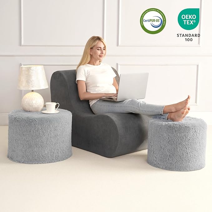 Hansleep Round Pouf Ottoman Foot Rest, 17 x 14 Small Faux Fur Stuffed Pouf for Chair, Foam Filled Foot Stools Ottomans for Living Room, Grey