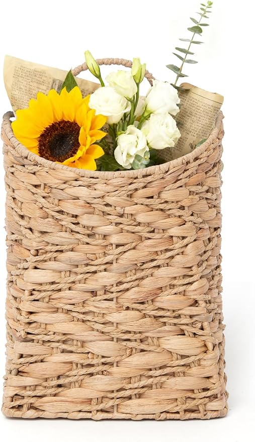 VerdantVibes Handwoven Wall Hanging Basket – Natural Water Hyacinth Basket for Boho Farmhouse Decor, Kitchen & Entryway Storage, Flower & Plant Display (9.8" H × 7.9" L × 3.1" W)