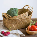 Seagrass Woven Baskets for Storage Natural Shelf Basket with Handle for Organizer Stackable Oval Set of 3 (Large+Medium+Small)
