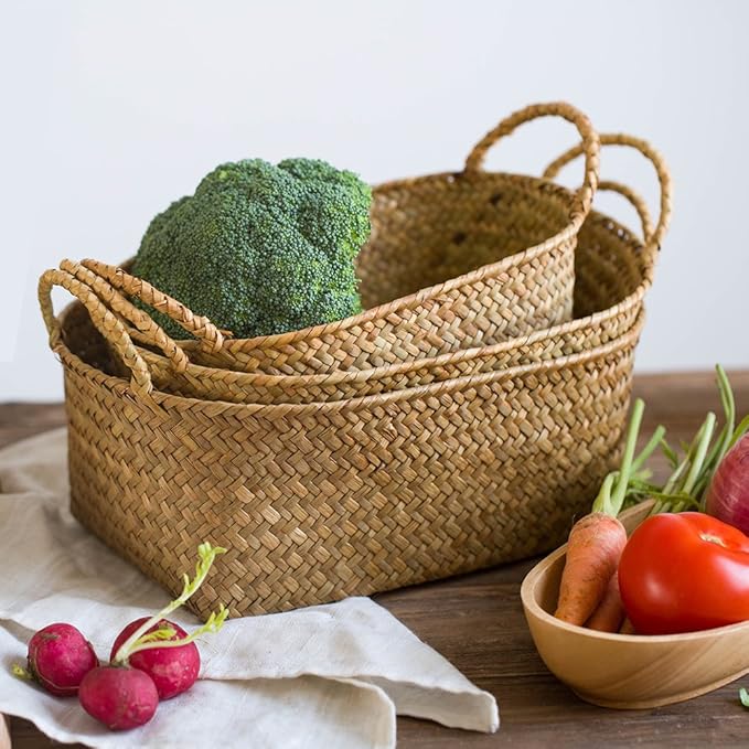 Seagrass Woven Baskets for Storage Natural Shelf Basket with Handle for Organizer Stackable Oval Set of 3 (Large+Medium+Small)