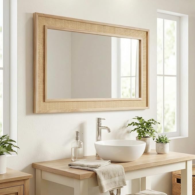Rattan Full Length Mirror,24"x48" Long Rattan Wall Mirror,Wooden Mirror with Wicker Frame,Decorative Full Body Mirror Hanging,Farmhouse Rectangle Floor Mirror for Bathroom Living Dressing Room Nature