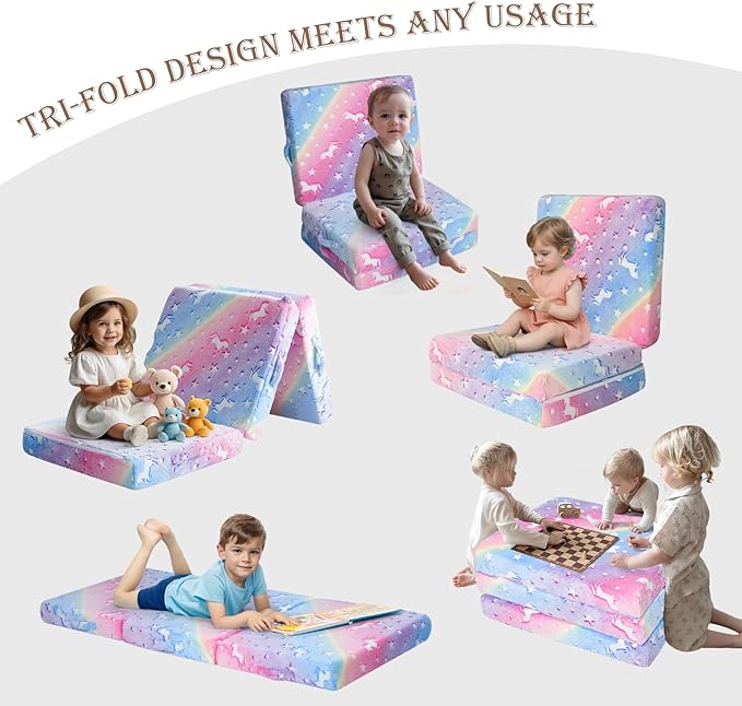 MeMoreCool Foldable Floor Cushion for Kids, Glow Star Trifold Play Mat, Portable Floor Lounger Seat Pad, 57x22 Inch Colorful