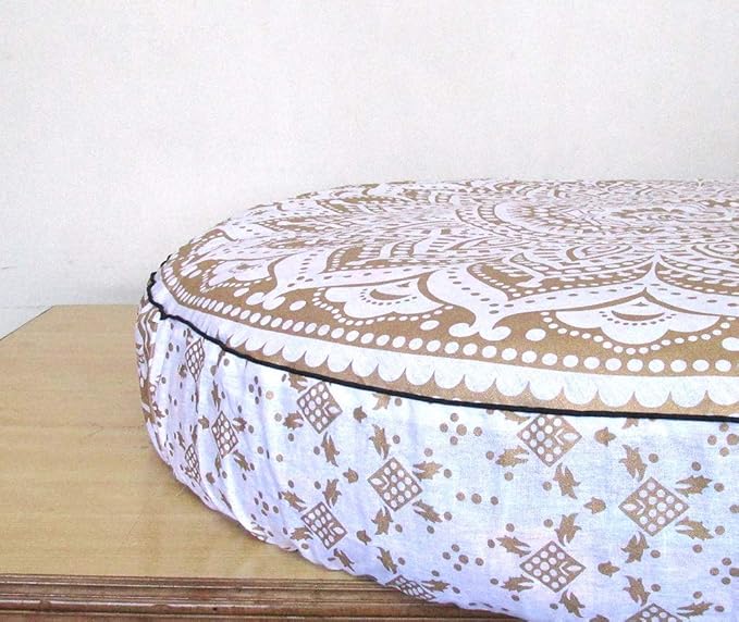 ICC Large Hippie Mandala Round Floor Pillow Cover Ottoman Pouf Cover Daybed Oversized Cotton Cushion Cover with Heavy Duty Zipper Seating Ottoman Poufs Dog-Pets Bed (White Gold Ombre, 35" Round)