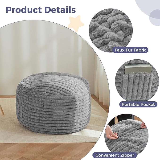 MAXYOYO Kids Bean Bag Chair Bed, Convertible Children Chair to Floor Mattress with Filler, Faux Fur Bean Bag Bed Stuffed Child Sofa Couch for Girl Boy Sleeping, Machine Washable Cover, Grey
