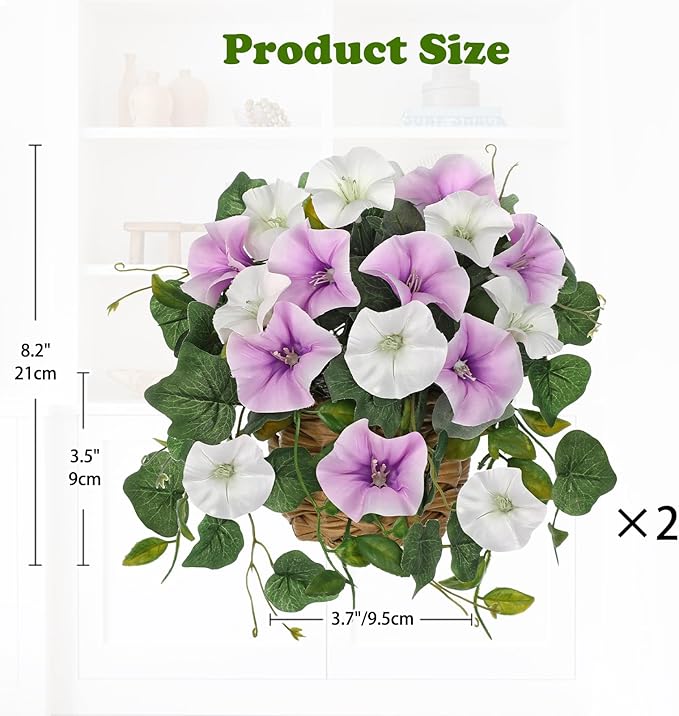 Briful 2 Pack Fake Morning Glory with Handwoven Basket - 8.2in Faux Potted Flowers Silk Floral Table Centerpiece for Home Office Room Shelf Desk Decor