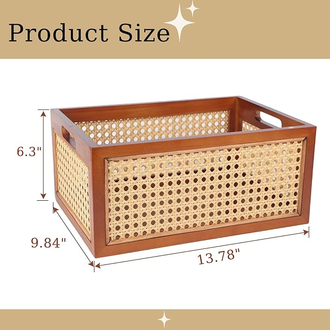 Wooden Storage Basket with Rattan Cane Webbing, Brown, Handles, Book, Office, Desktop Basket