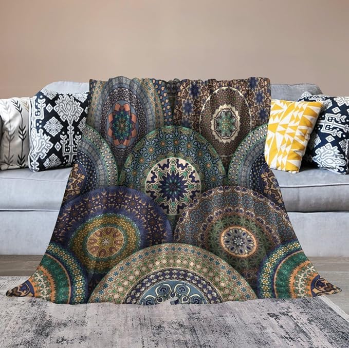 Indian Bohemian Throw Blanket Mandala Design Colorful Boho Floral Pattern Paisley Blanket for Sofa Bed Couch Chair Or Dorm 50"x60"