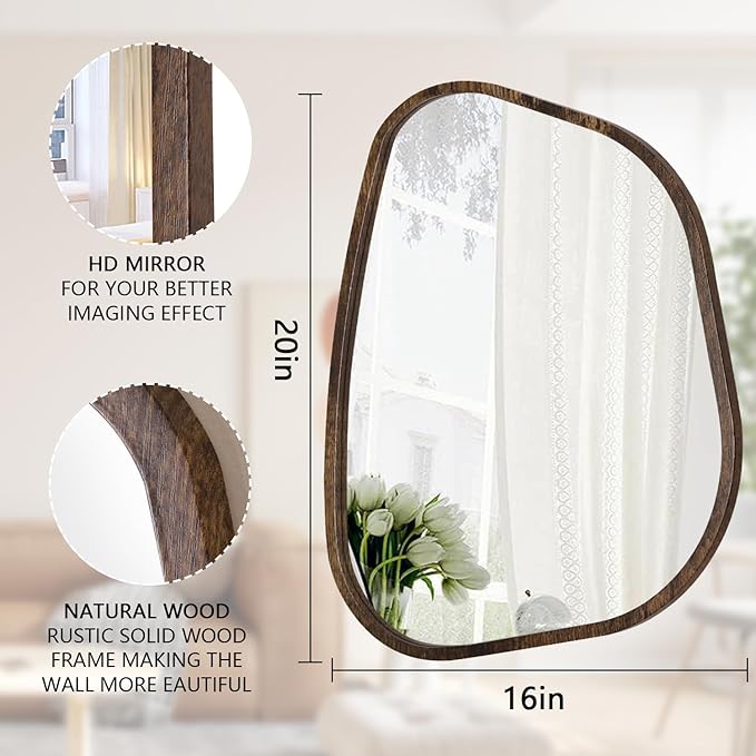 Asymmetrical Mirror Irregular Oval Wall Mirror Modern Wood Frame Unique Shape Wall Mounted Vanity Artistic Mirror Decorative for Living Room Bedroom Bathroom Entryway Hallway 20"x16"