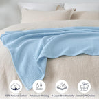 PHF 100% Cotton Muslin Blanket Twin XL Size 66"x90", 4-Layer Lightweight Gauze Throw, Breathable Cloud-Soft Minimalist Blanket for Bed, Couch, Camping & Baby, Sky Blue, Ideal Gift