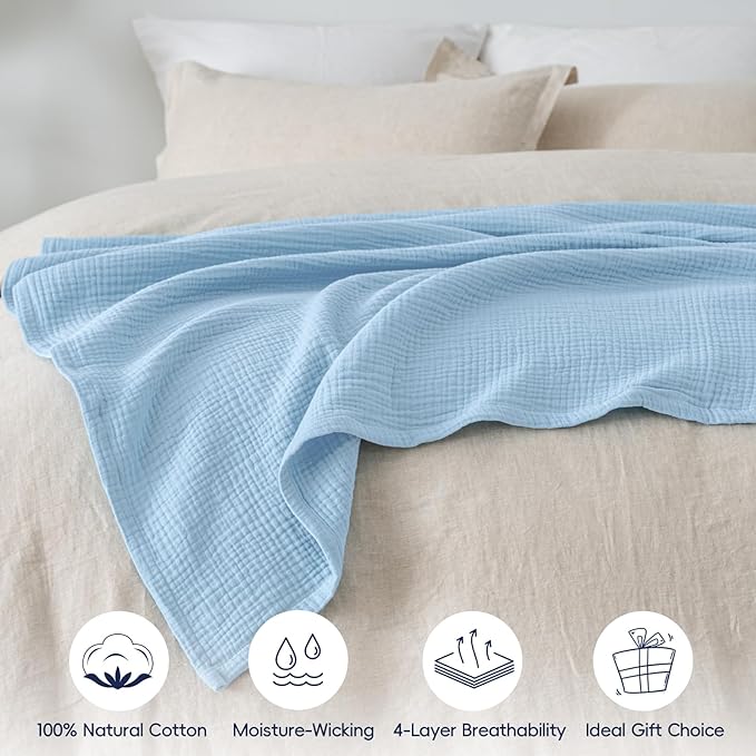 PHF 100% Cotton Muslin Blanket Twin XL Size 66"x90", 4-Layer Lightweight Gauze Throw, Breathable Cloud-Soft Minimalist Blanket for Bed, Couch, Camping & Baby, Sky Blue, Ideal Gift