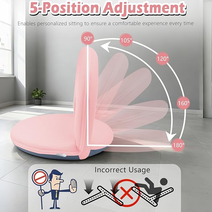 Floor Chair Floor Cushion Folding Padded Gaming Chair Adjustable 5-Position Floor Seat with Back Support for Kids Adult Great for Gaming Reading Meditating
