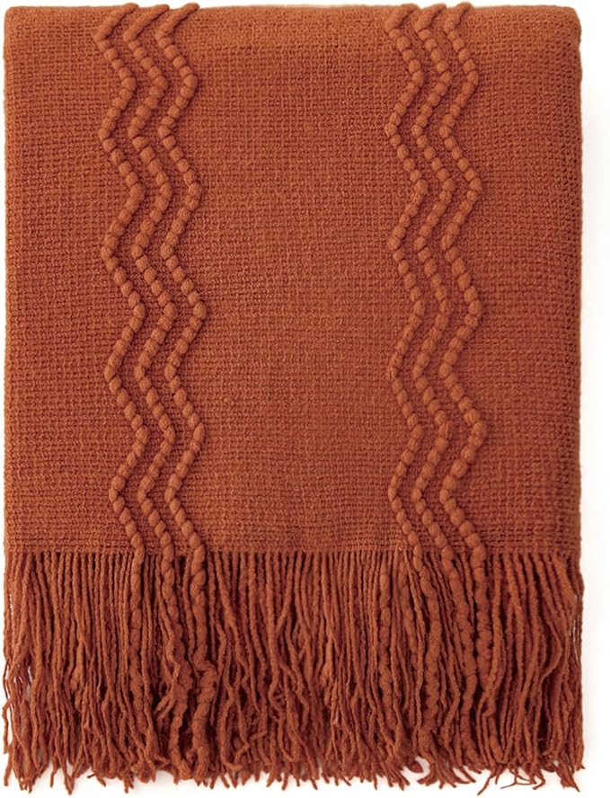 MIULEE Rust Knitted Throw Blanket for Couch Terracotta Boho Textured Cozy Woven Rustic Blanket with Tassels for Sofa Chair Bed Living Room Farmhouse Decor Acrylic Wave Pattern 50"x60"