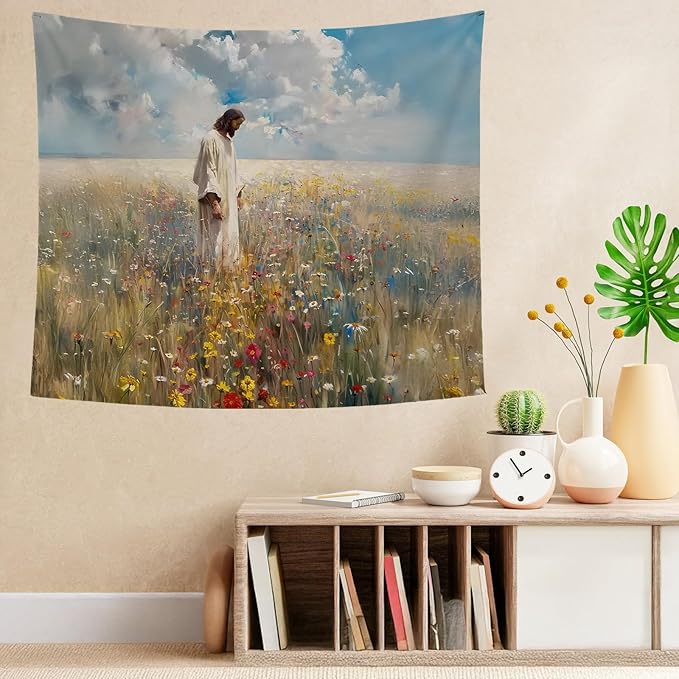 bitCNY Jesus Walking in Wildflower Field Tapestry – Christian Wall Art, Spiritual Home Decor, 50x60 Inch Fabric Hanging for Living Room Bedroom